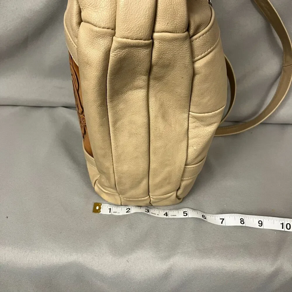 Women's Handbag‎ Tan Brown Leather Floral Embossed Double Handle Shoulder Bag